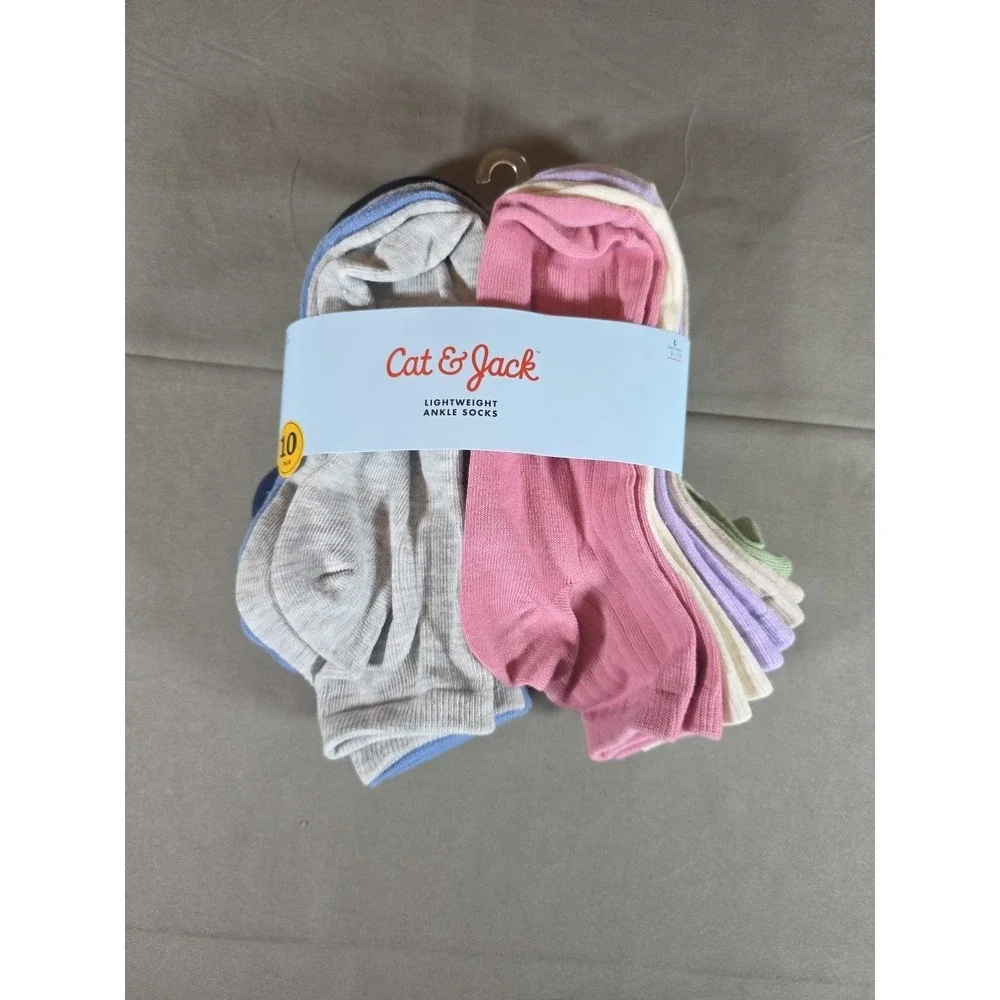 Cat & Jack Lightweight Ankle Socks 10-pair, Size L, Shoe Size 3-10‎
